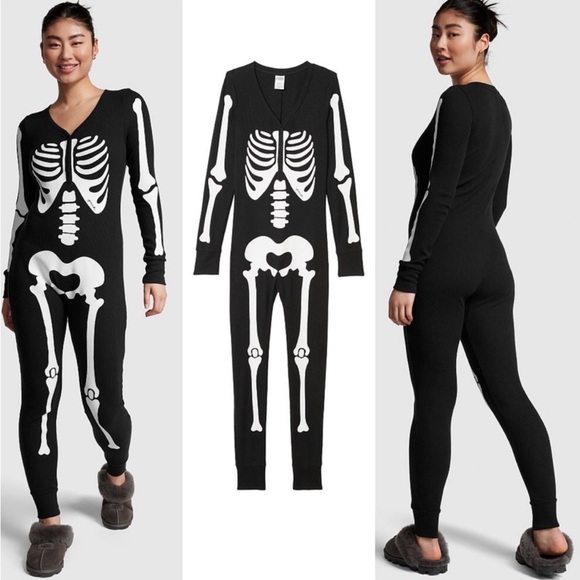 Victoria’s Secret PINK XXL Halloween Thermal Onesie Logo Skeleton Bones - Picture 1 of 3
